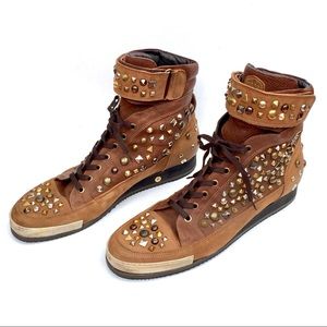 Studded suede and leather ankle boots